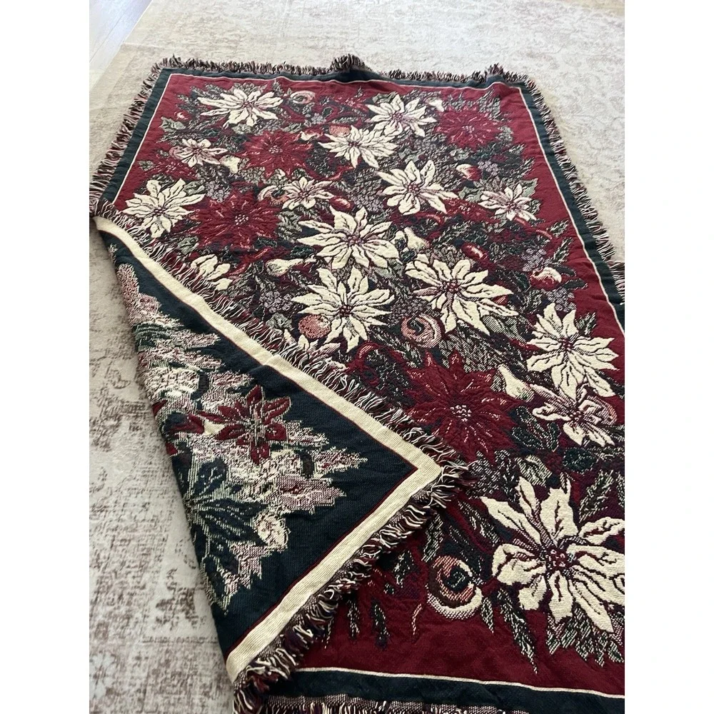 REVERSIBLE Christmas Tapestry Throw Blanket Poinsettia Flower Holiday 67